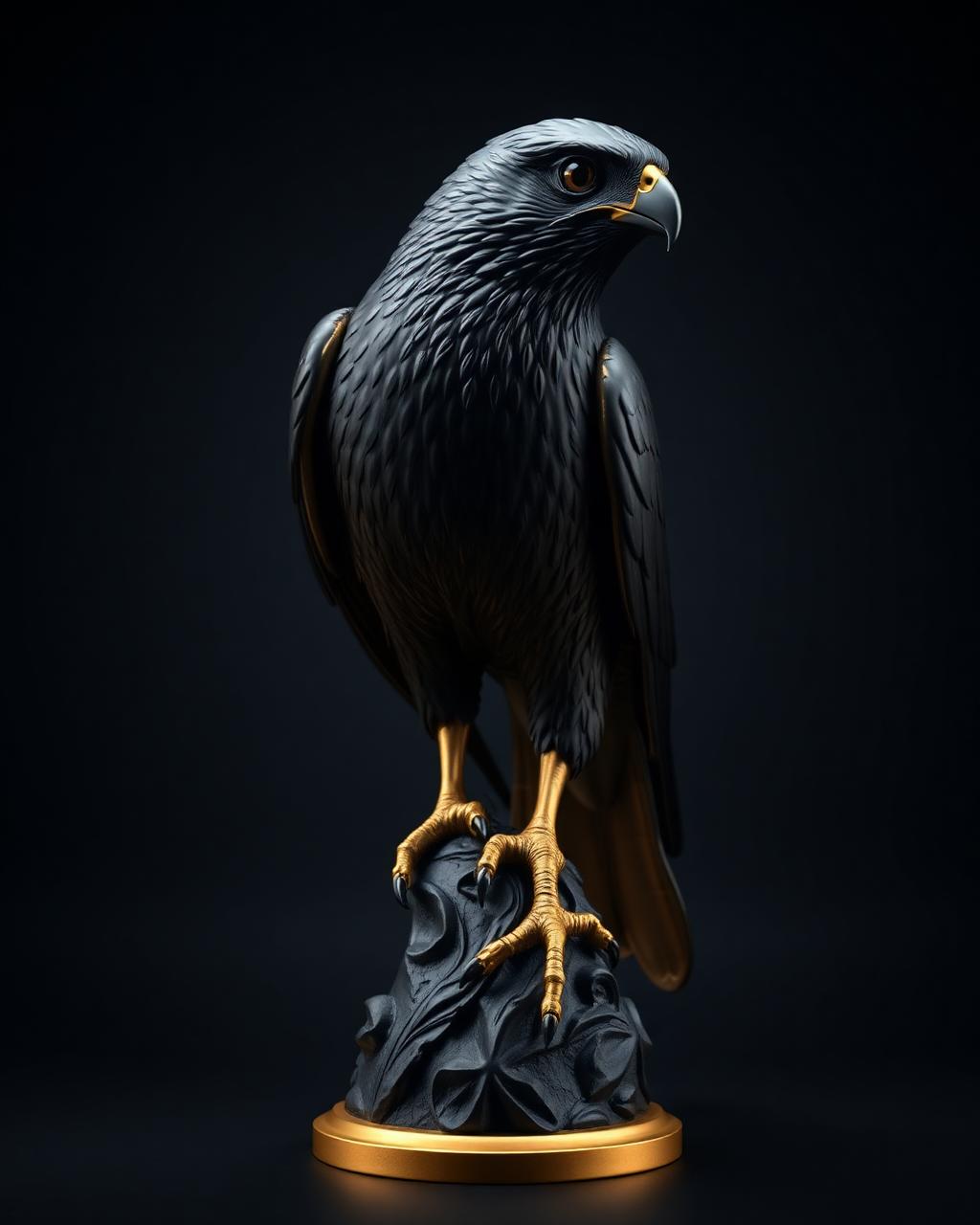 Matte black and gold 3D printed falcon sculpture